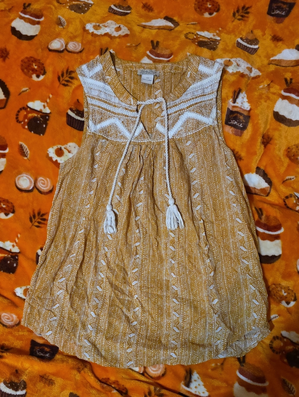 Lucky Brand Mustard Yellow Embroidered Tassel Top